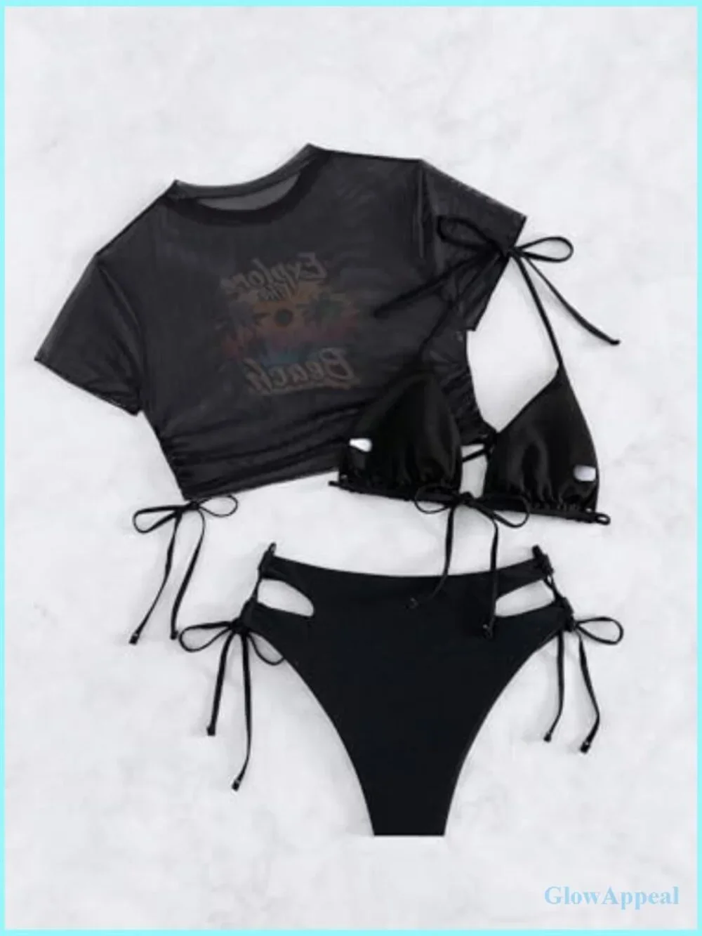 3 Piece Halter Triangle Tie Side Bikini Set with Sheer Cover Up Top